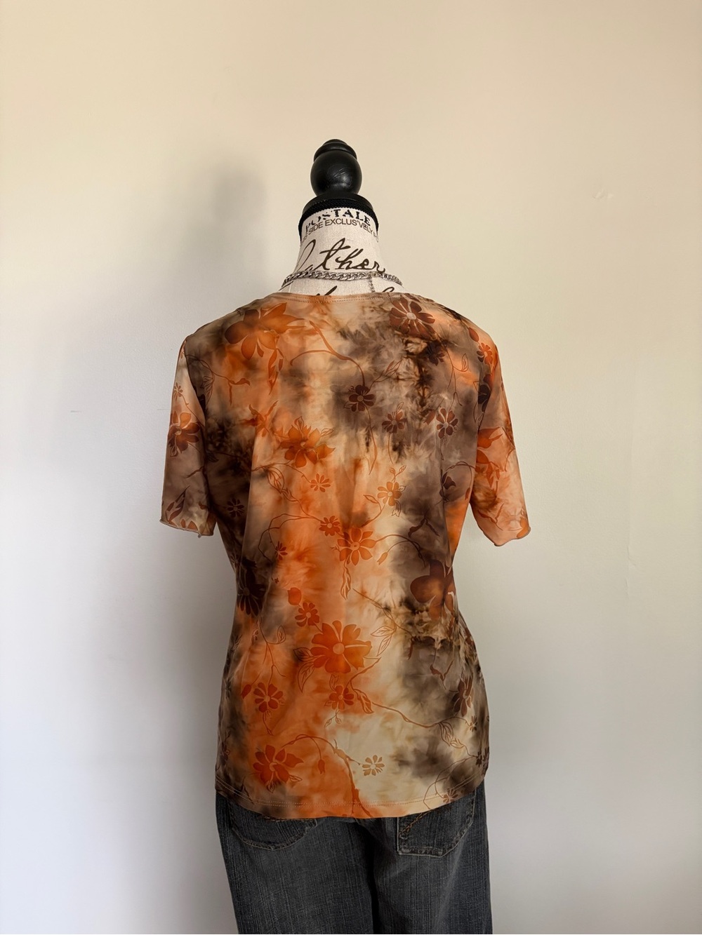 Y2K Vintage Initiatives Brown Fairy Whimsy Goth Short Sleeve V-Neck Floral Top - Picture 4 of 9